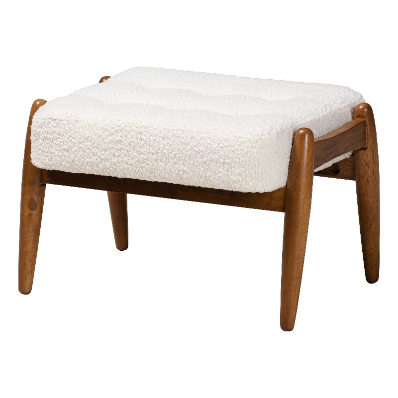 Bowery Hill Cream Boucle Fabric and Brown Rubberwood Ottoman Footstool