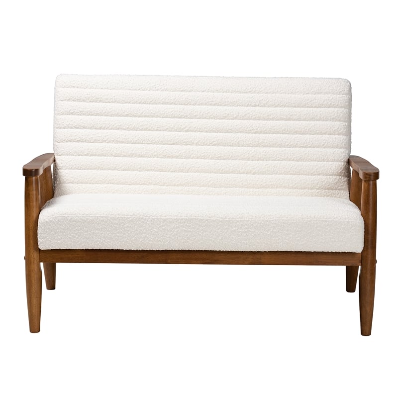 Bowery Hill Cream Boucle Fabric and Walnut Brown Wood Loveseat
