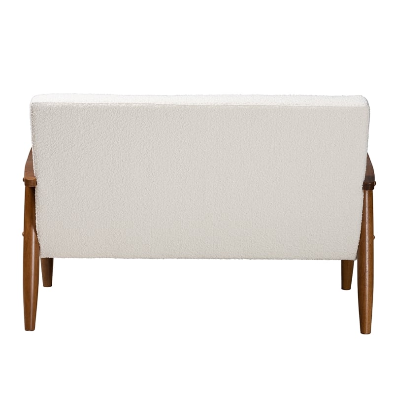 Bowery Hill Cream Boucle Fabric and Walnut Brown Wood Loveseat