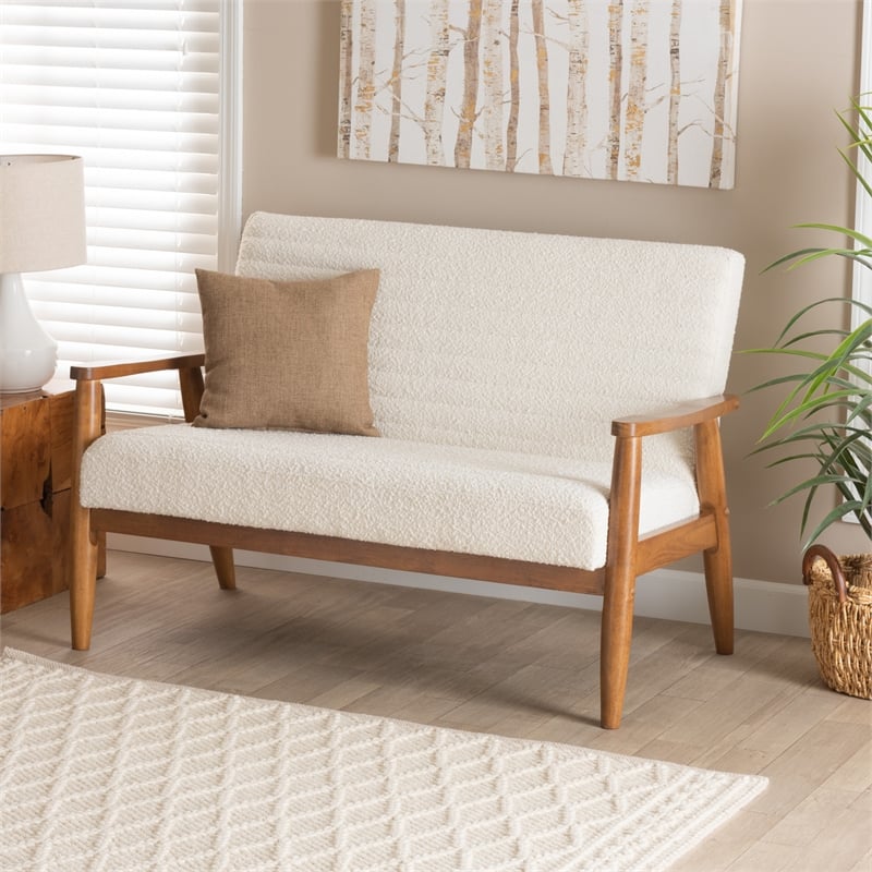 Bowery Hill Cream Boucle Fabric and Walnut Brown Wood Loveseat