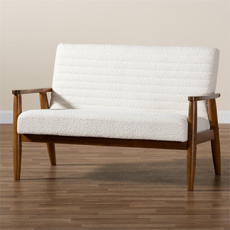 Bowery Hill Cream Boucle Fabric and Walnut Brown Wood Loveseat