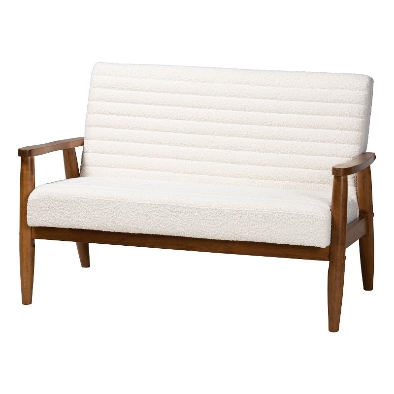 Bowery Hill Cream Boucle Fabric and Walnut Brown Wood Loveseat
