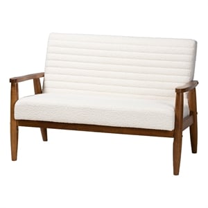 Bowery Hill Cream Boucle Fabric and Walnut Brown Wood Loveseat