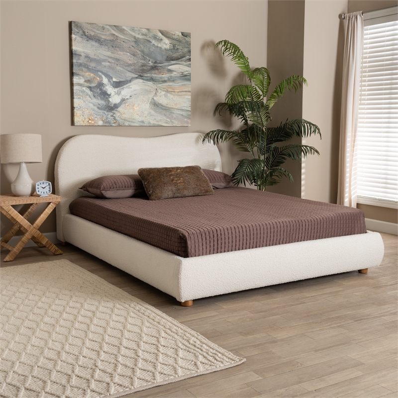 Bowery Hill Cream Boucle Fabric and Brown Wood Queen Size Platform Bed
