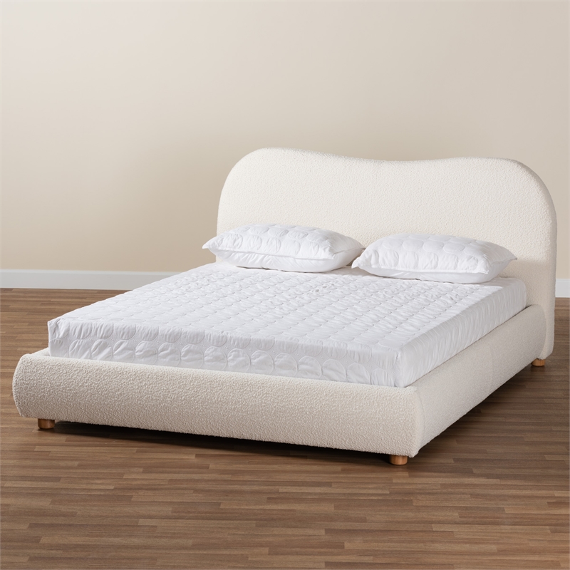 Bowery Hill Cream Boucle Fabric and Brown Wood Queen Size Platform Bed