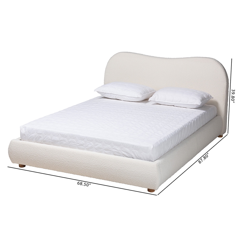 Bowery Hill Cream Boucle Fabric and Brown Wood Queen Size Platform Bed