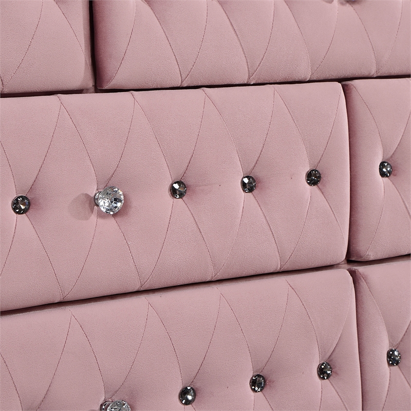 Bowery Hill Glam Fabric Upholstered 7-Drawer Dresser in Pink