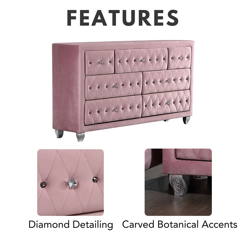 Bowery Hill Glam Fabric Upholstered 7-Drawer Dresser in Pink