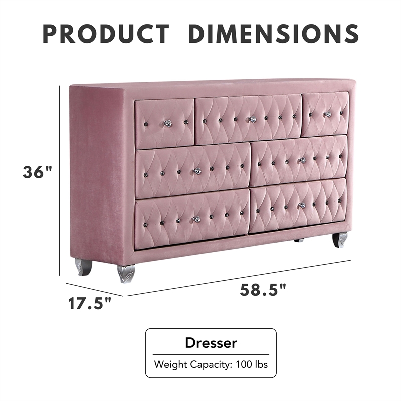 Bowery Hill Glam Fabric Upholstered 7-Drawer Dresser in Pink