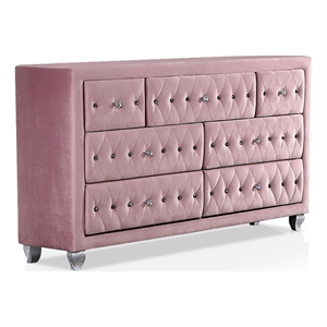 bowery hill glam fabric upholstered 7-drawer dresser in pink