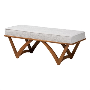 Bowery Hill Modern Gray Boucle Fabric and Walnut Brown Wood Bench
