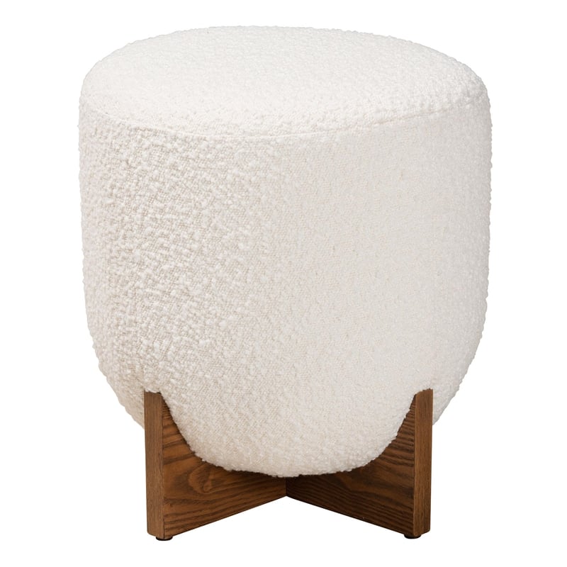 Bowery Hill Cream Boucle Fabric and Walnut Brown Wood Ottoman Footstool