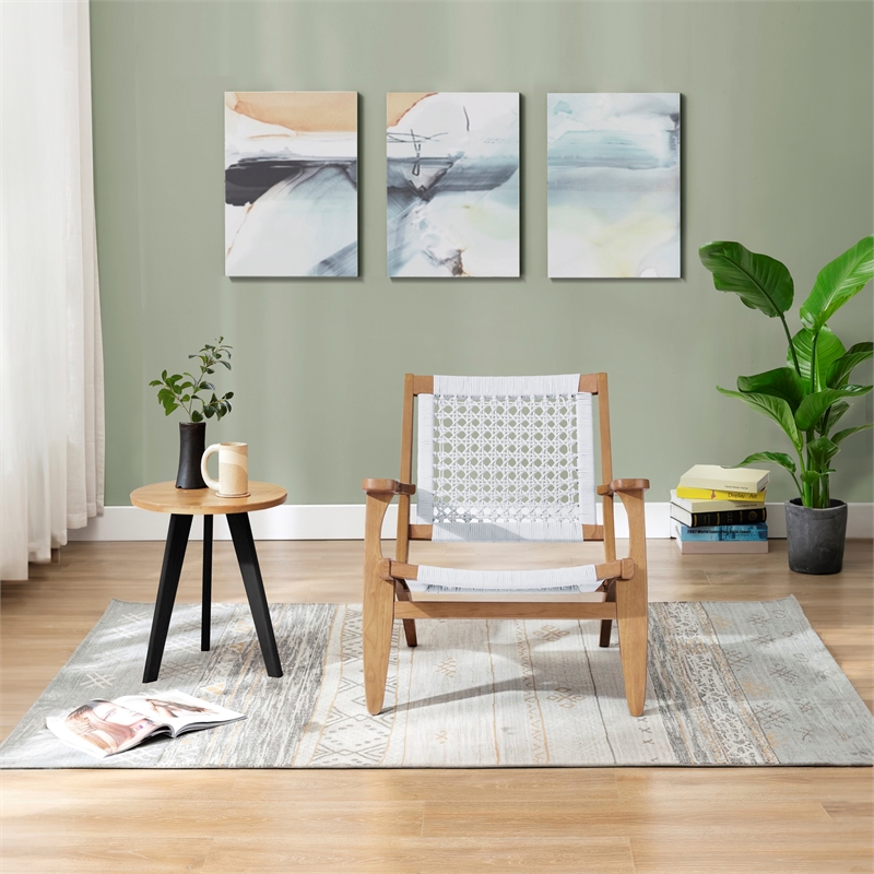 Bowery Hill Wood Hexagon Woven Rope Accent Chair Light Grey- Natural Finish