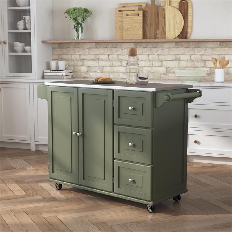 Bowery Hill Engineered Wood Kitchen Cart in Sage Green/Nickel
