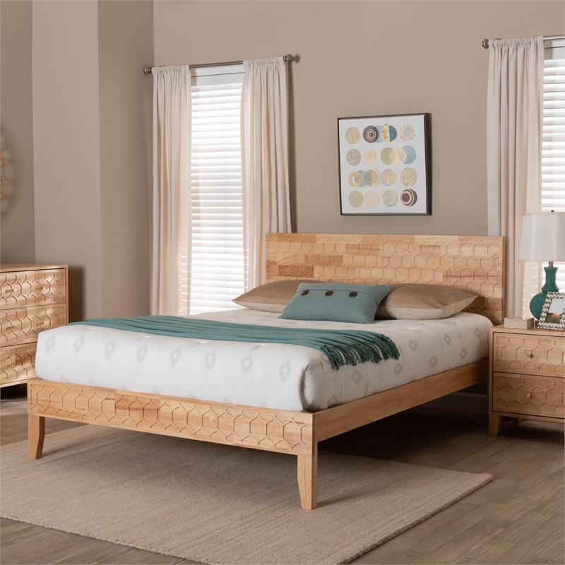 Bowery Hill Japandi Carved Honeycomb Natural King Size Platform Bed