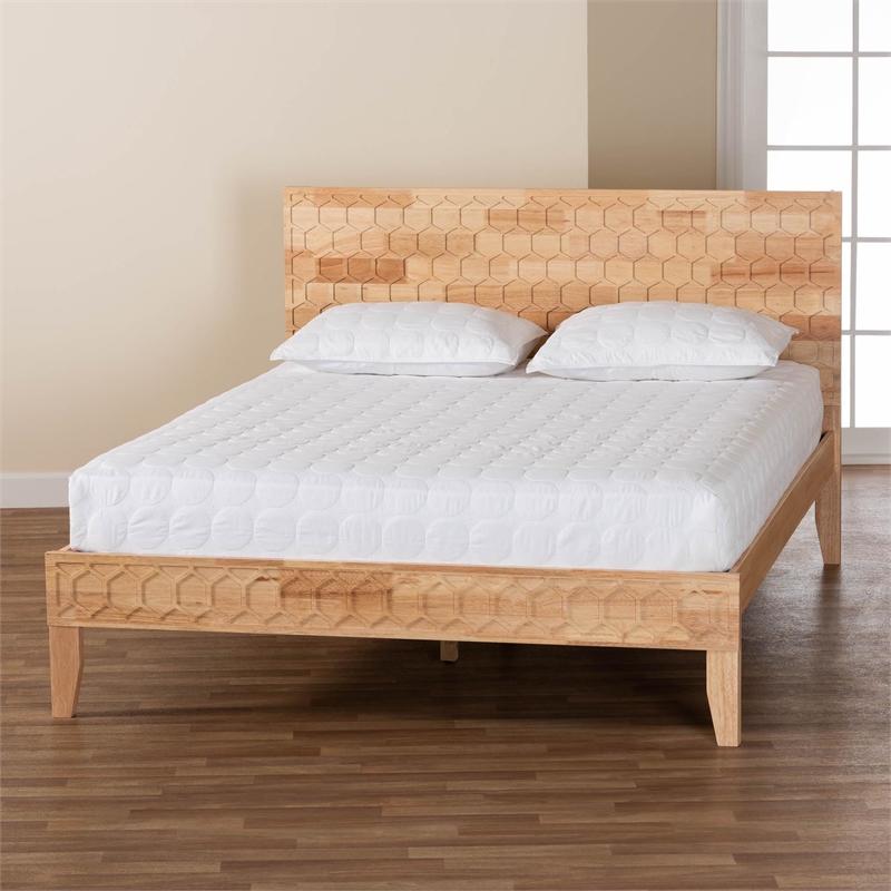 Bowery Hill Japandi Carved Honeycomb Natural King Size Platform Bed