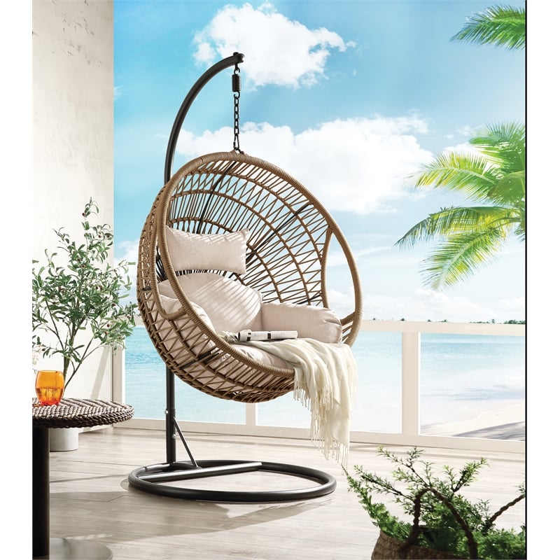 Bowery Hill Outdoor Patio Hanging Chair/Stand in Beige Fabric and Rope