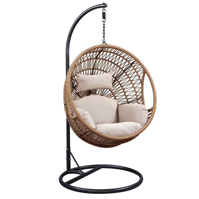 Bowery Hill Outdoor Patio Hanging Chair/Stand in Beige Fabric and Rope