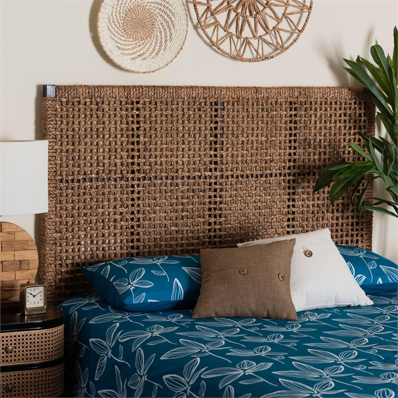 Bowery Hill Seagrass and Dark Brown Mahogany Wood Queen Size Headboard