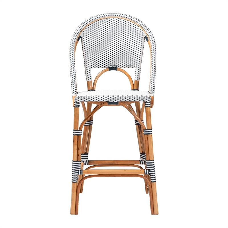 Bowery Hill Two-Tone Navy and White Weaving and Natural Rattan Bar Stool