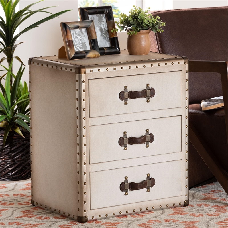Bowery Hill Contemporary Vintage White Canvas 3-Drawer End Table