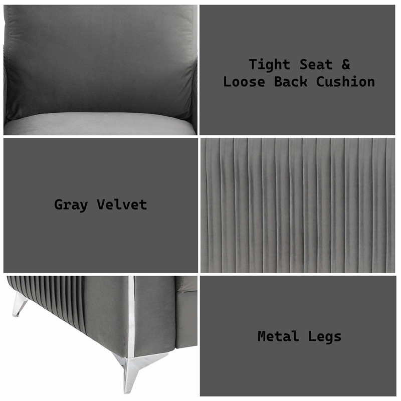 Bowery Hill Contemporary Velvet Upholstered Loveseat in Gray