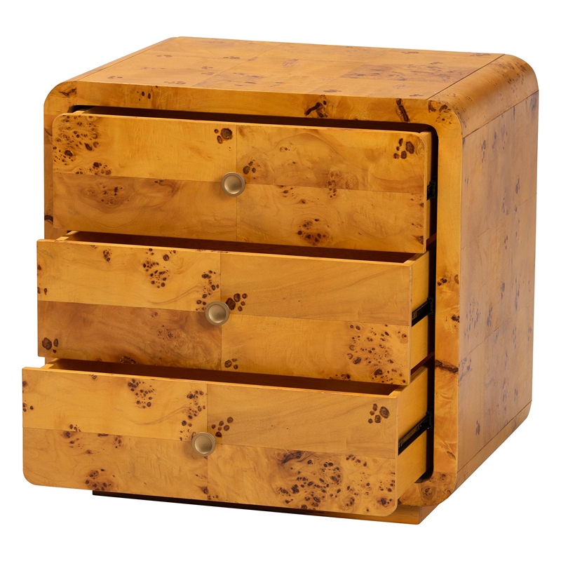 Bowery Hill Modern Natural Real Burl Wood 3-Drawer Nightstand