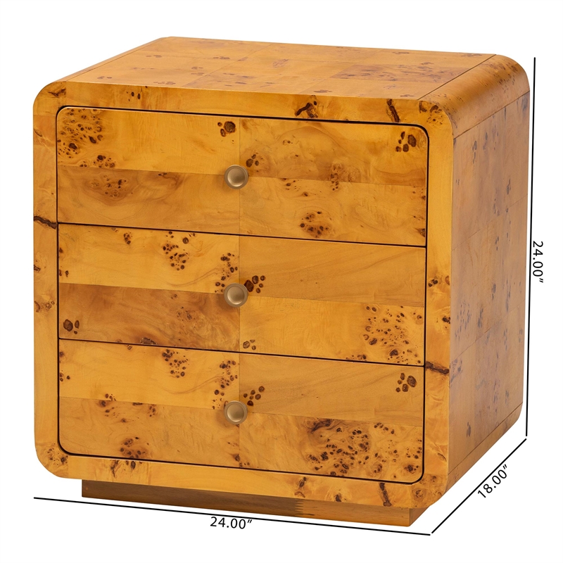 Bowery Hill Modern Natural Real Burl Wood 3-Drawer Nightstand