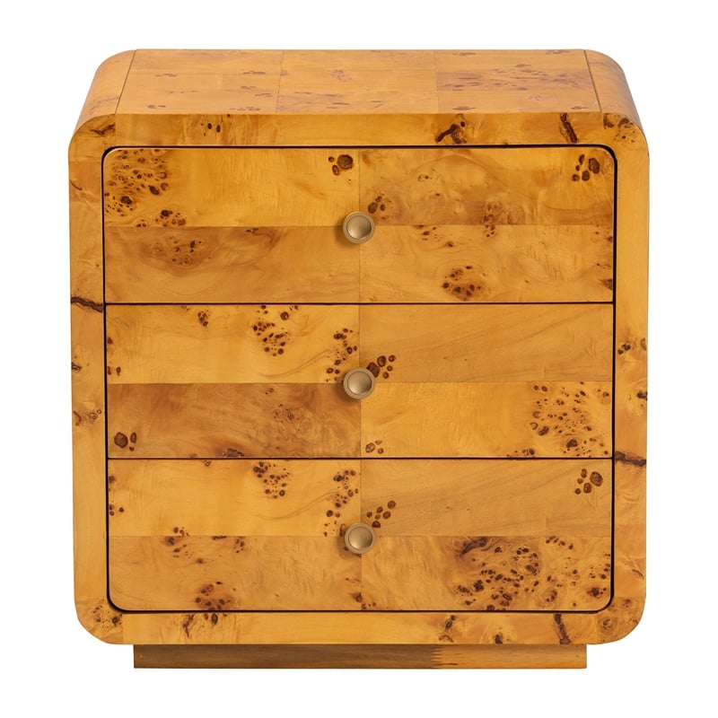 Bowery Hill Modern Natural Real Burl Wood 3-Drawer Nightstand