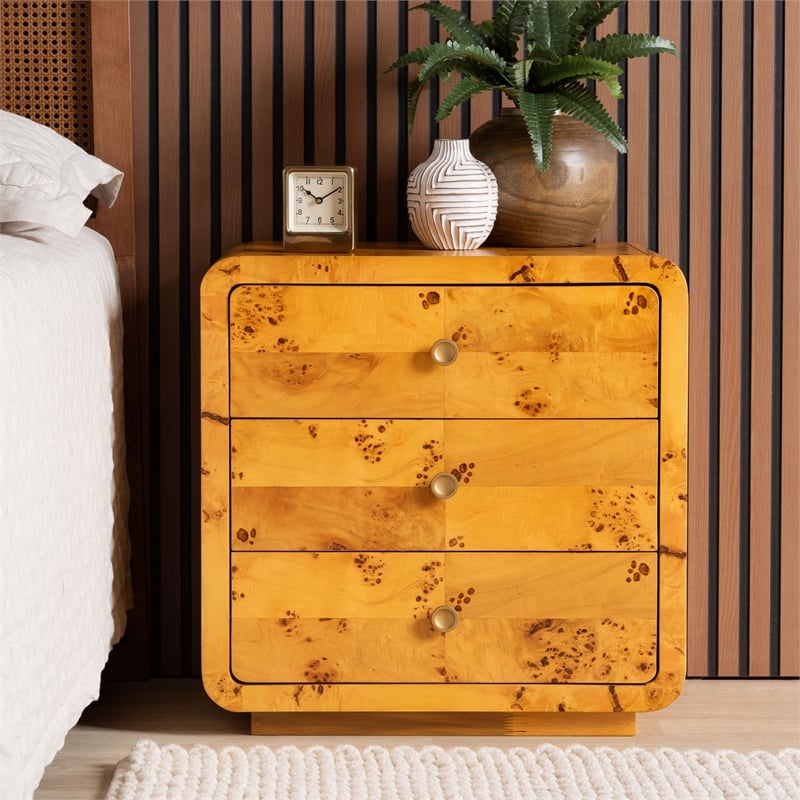 Bowery Hill Modern Natural Real Burl Wood 3-Drawer Nightstand