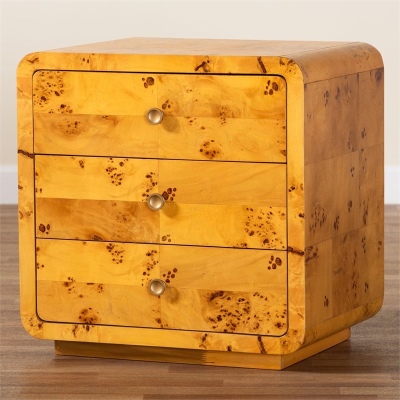 Bowery Hill Modern Natural Real Burl Wood 3-Drawer Nightstand