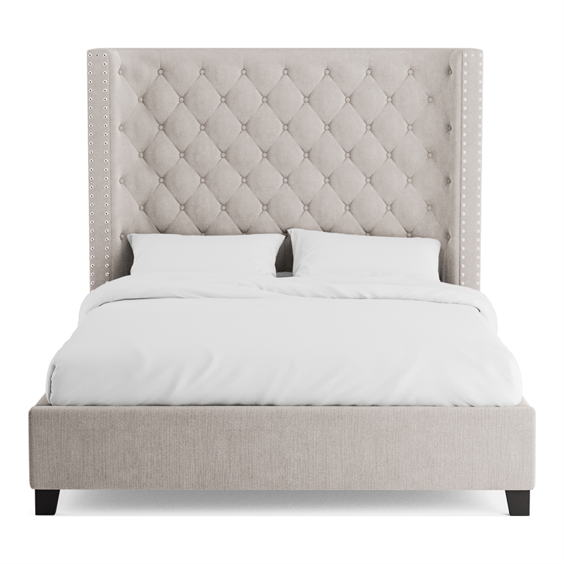 Bowery Hill Wingback Tufted Fabric Eastern King Bed in Ivory