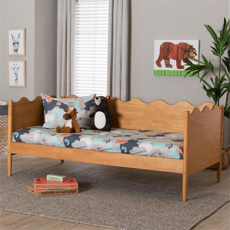 Bowery Hill Modern Oak Brown Wood Full Daybed with Scalloped Edges