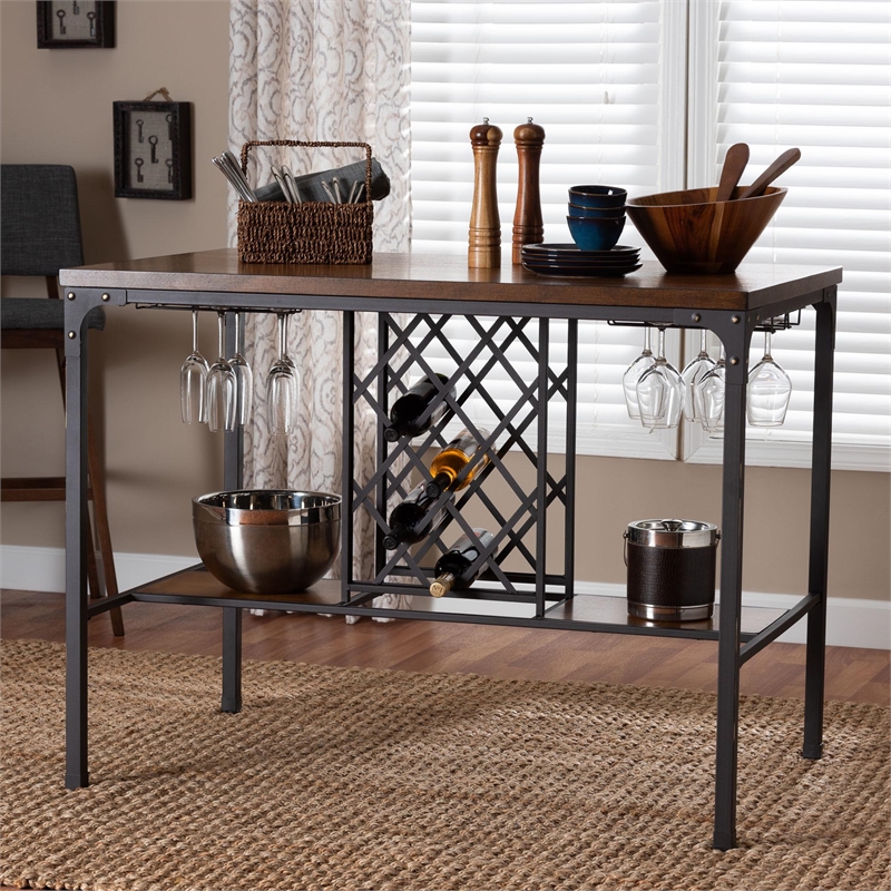 Bowery Hill Brown and Black Pub Table with Built-In Wine Cage