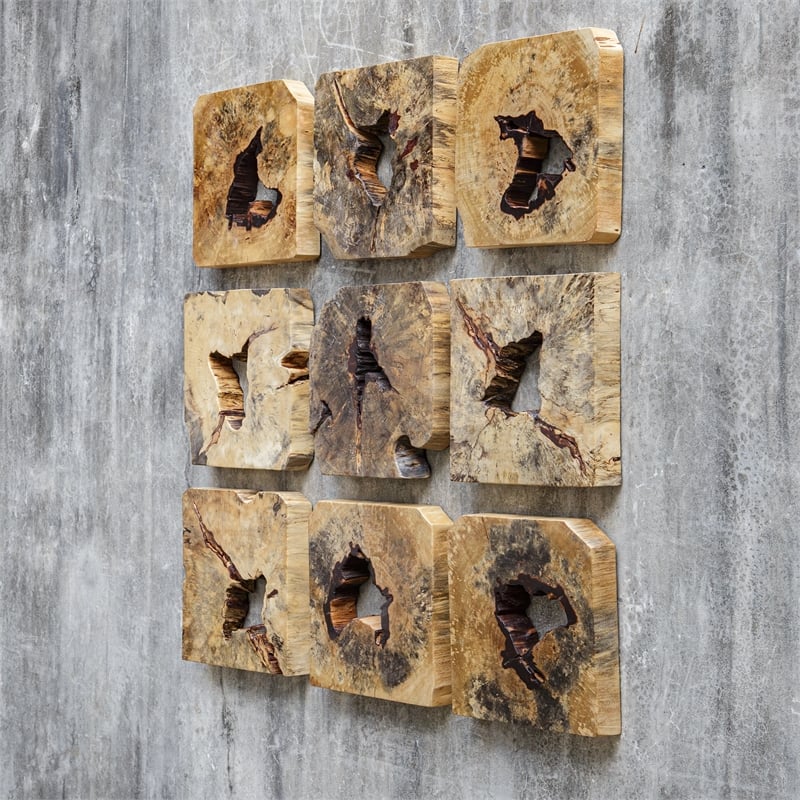 Bowery Hill Contemporary Wood Wall Decor In Natural Set of 9