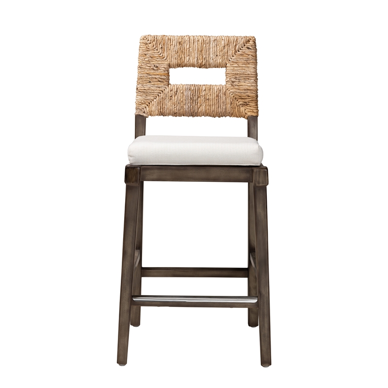 Bowery Hill Dark Brown Mahogany Wood and Natural Rattan Counter Stool