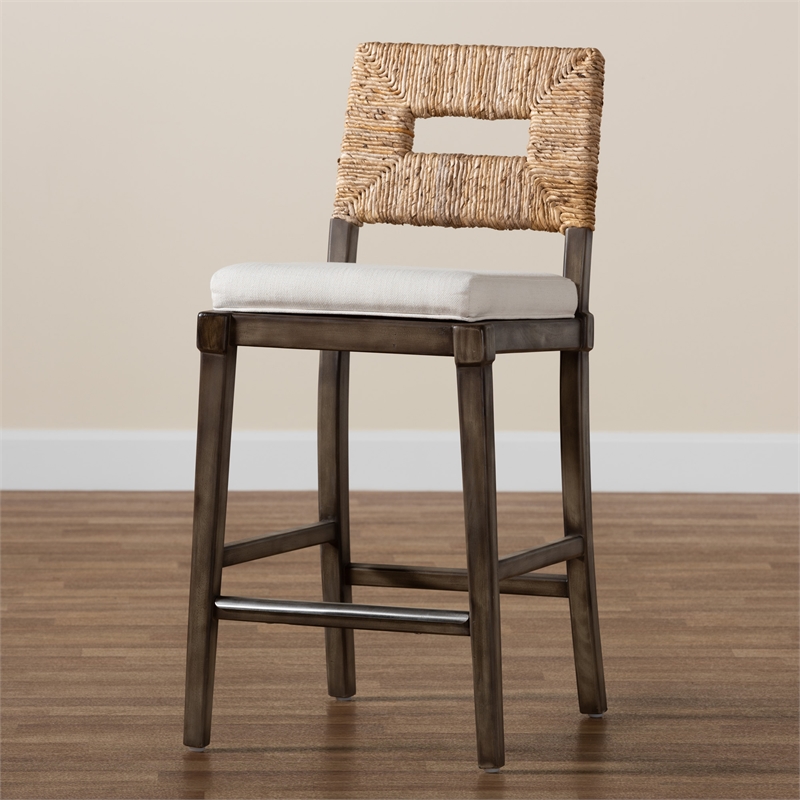 Bowery Hill Dark Brown Mahogany Wood and Natural Rattan Counter Stool