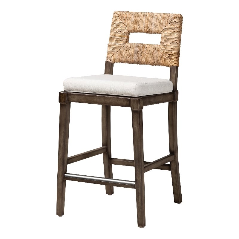 Bowery Hill Dark Brown Mahogany Wood and Natural Rattan Counter Stool