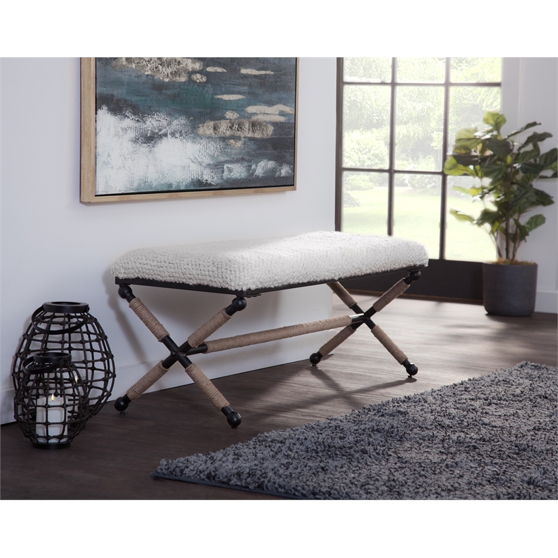 Bowery Hill 48 Inch Ivory Chunky Boucle Fabric Upholstered Accent Bench