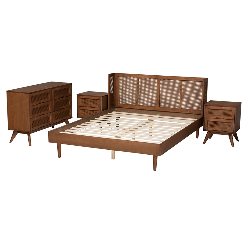 Bowery Hill Ash Walnut Wood 4-Piece Queen Size Bedroom Set with Rattan