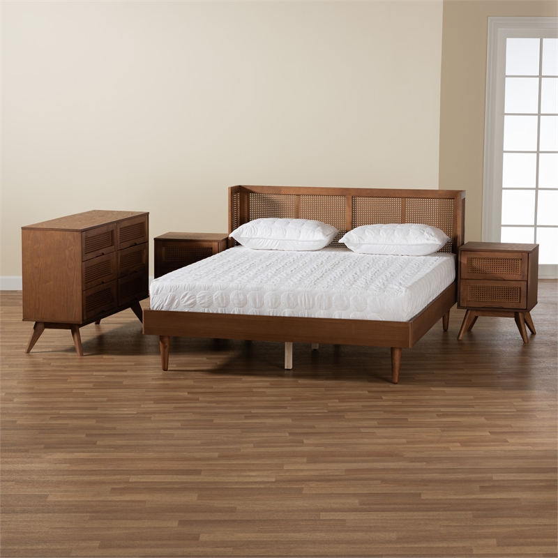 Bowery Hill Ash Walnut Wood 4-Piece Queen Size Bedroom Set with Rattan