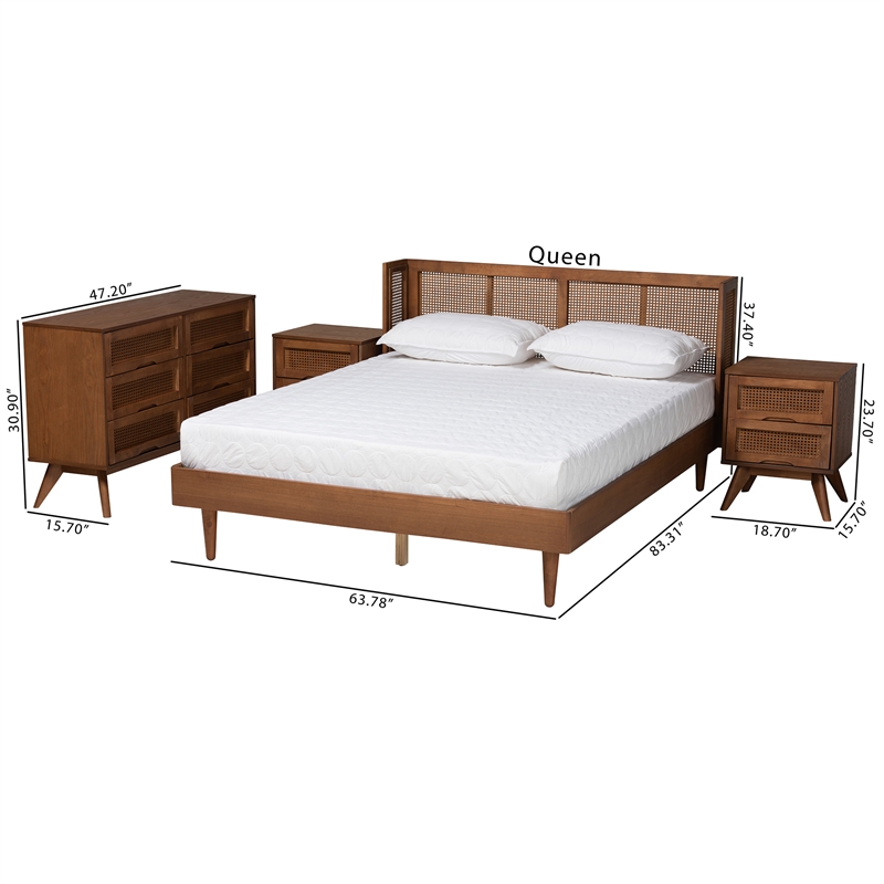 Bowery Hill Ash Walnut Wood 4-Piece Queen Size Bedroom Set with Rattan