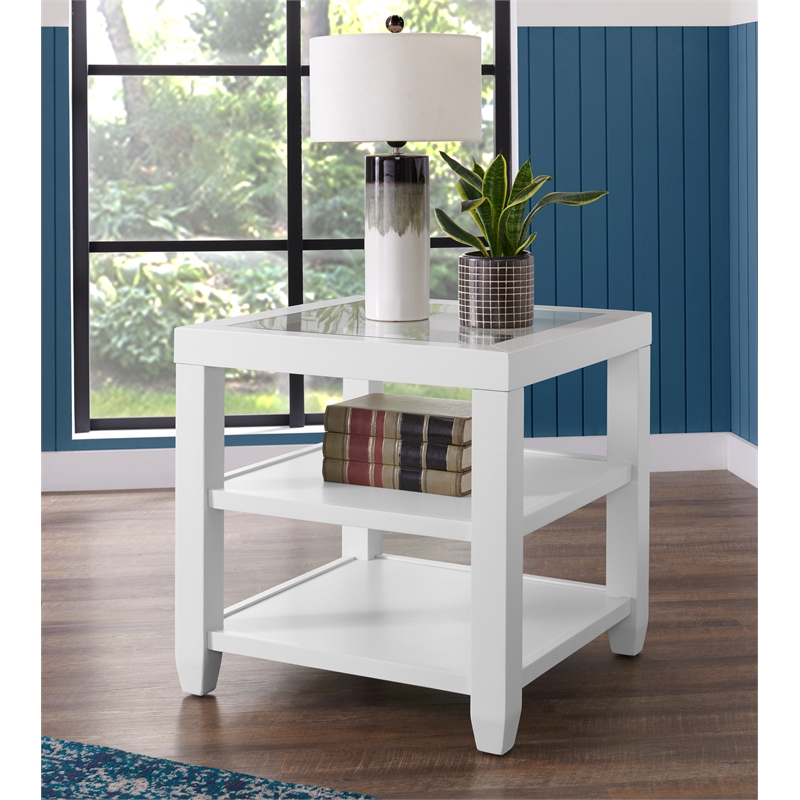 Bowery Hill Wood and Glass Top White End Table with Shelves Storage
