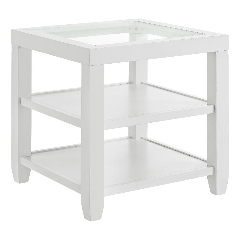 Bowery Hill Wood and Glass Top White End Table with Shelves Storage