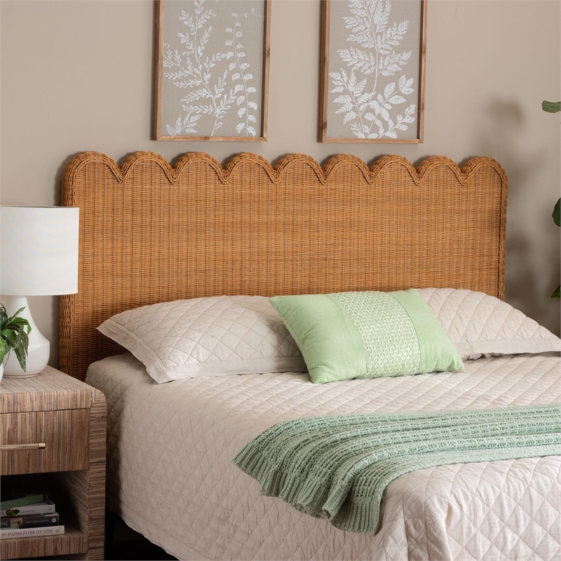 Bowery Hill Honey Scalloped Rattan Pitrit King Standalone Headboard