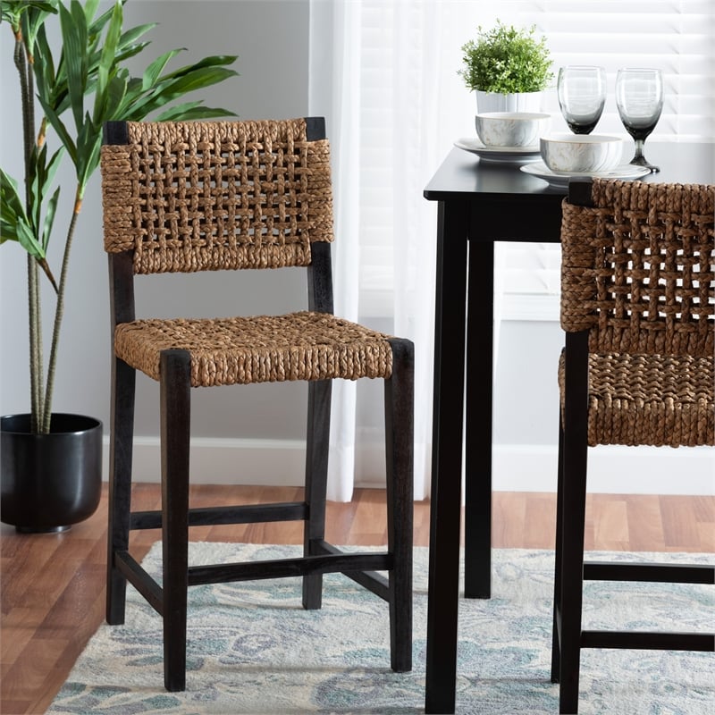 Bowery Hill Dark Brown Mahogany Wood and Banana Fiber Counter Stool