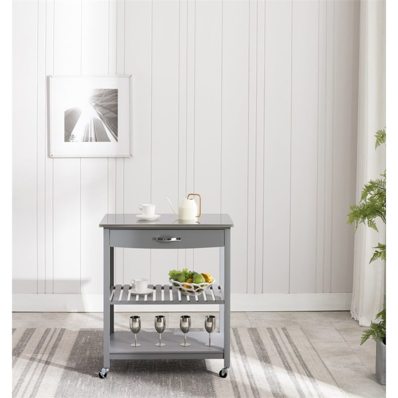 Bowery Hill Wood Kitchen Cart with Stainless Steel Top in Gray