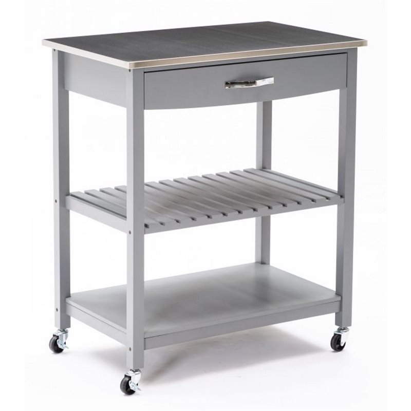 Bowery Hill Wood Kitchen Cart with Stainless Steel Top in Gray