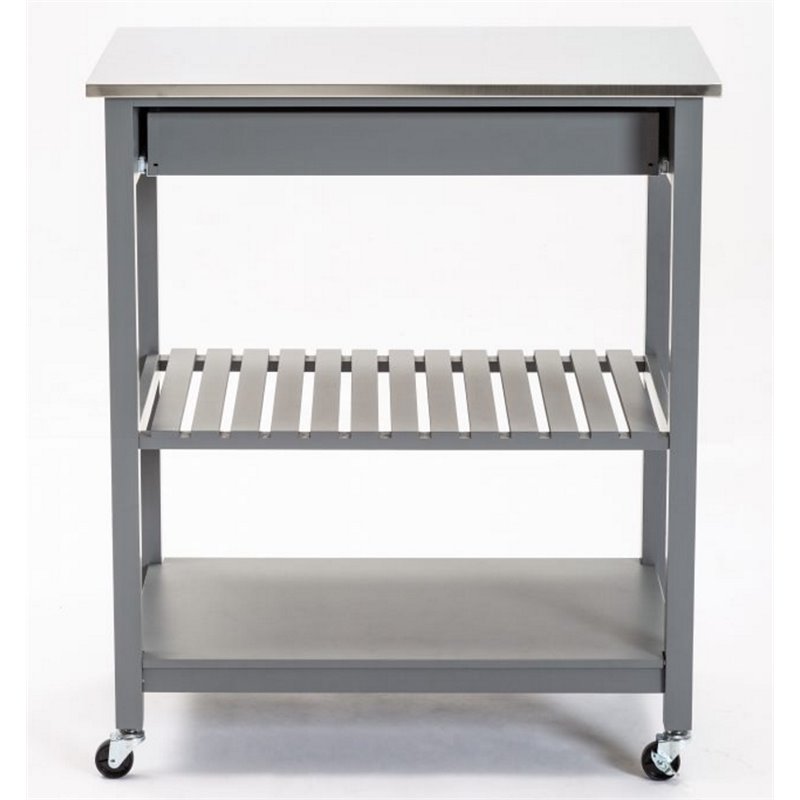 Bowery Hill Wood Kitchen Cart with Stainless Steel Top in Gray