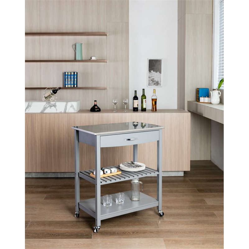 Bowery Hill Wood Kitchen Cart with Stainless Steel Top in Gray